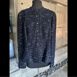 Vintage Chanel 2004 Navy Collarless Tweed Blazer with Faux Pearl Buttons